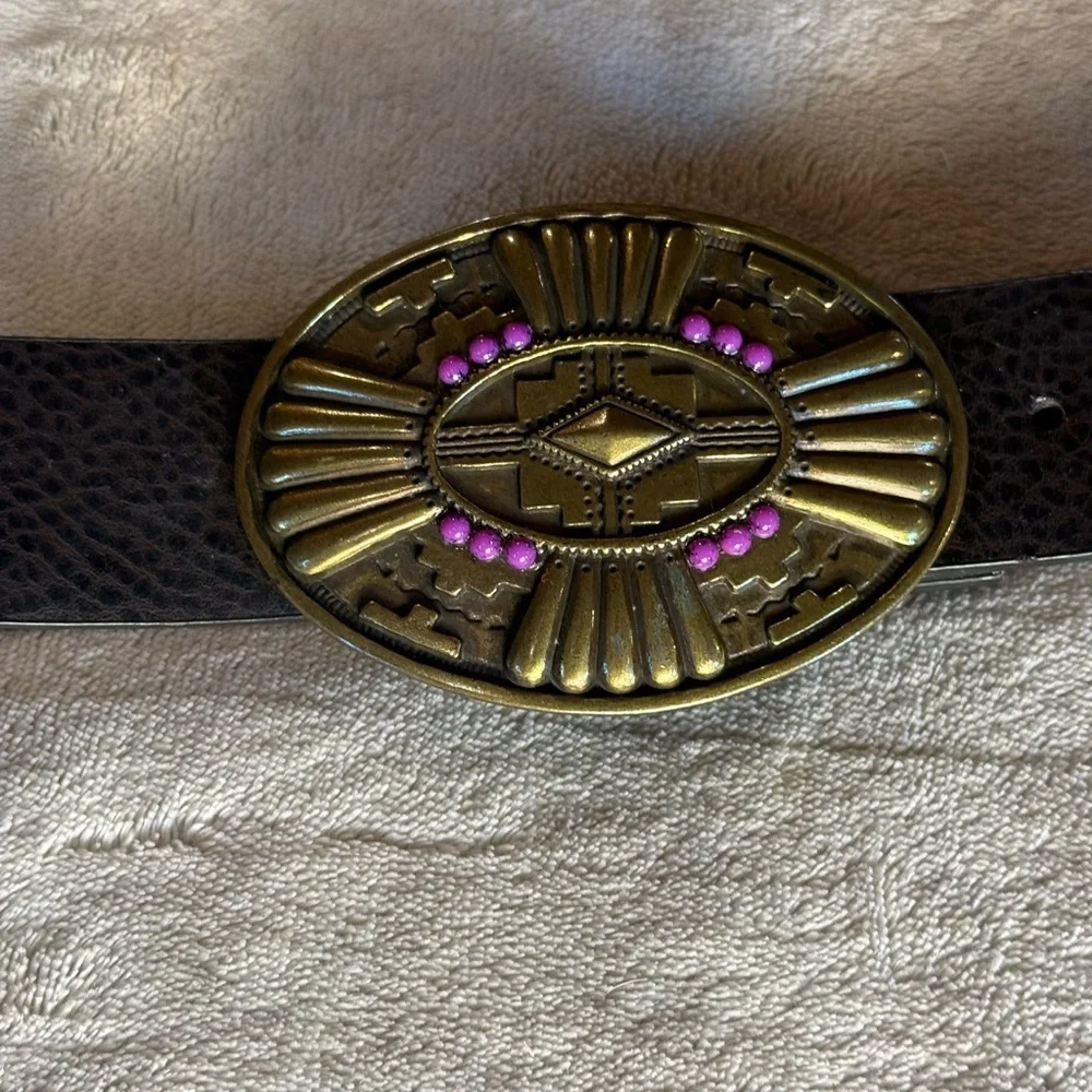 Vintage Suzanne Somers Western Pebbled Leather Belt M/L Boho Brown Brass Concho